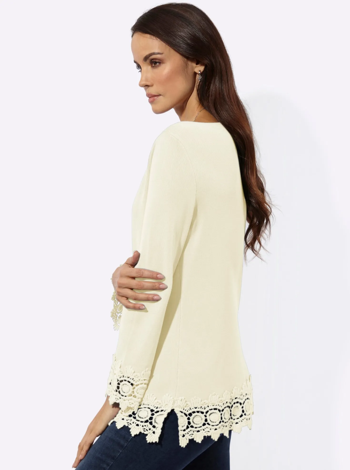 Langarm-Pullover mit Spitzenbordüre