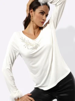 Langarmshirt mit Pailletten und Ziersteinchen