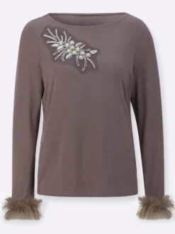 Langarmshirt mit Pailletten und Ziersteinchen