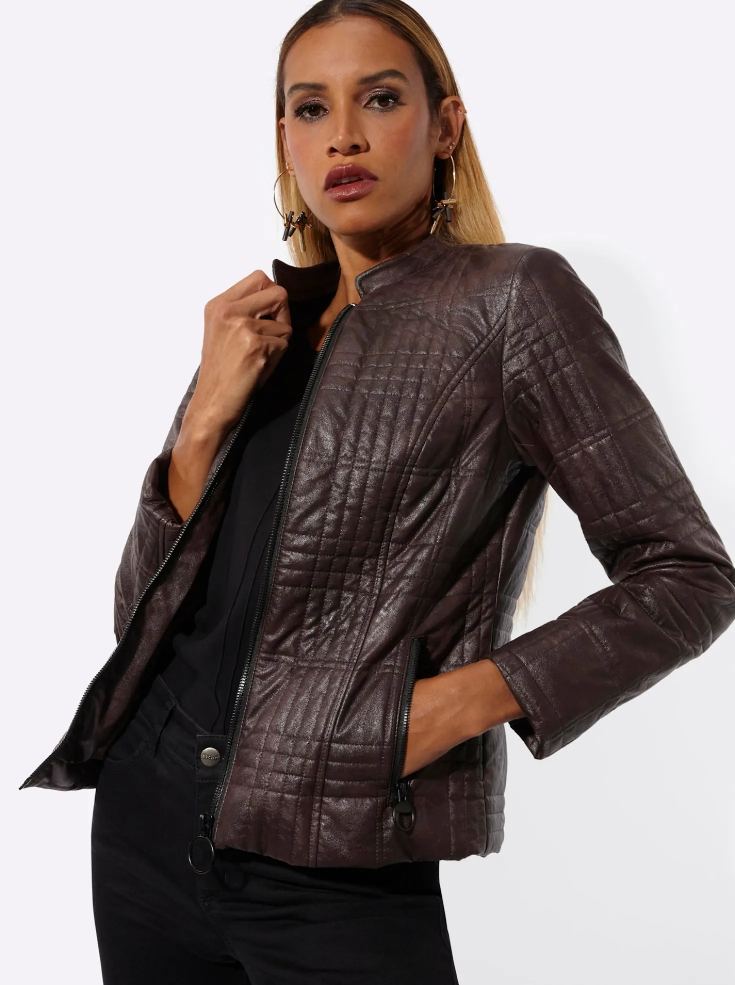 Lederimitat-Blazer mit Reißverschluss-Taschen