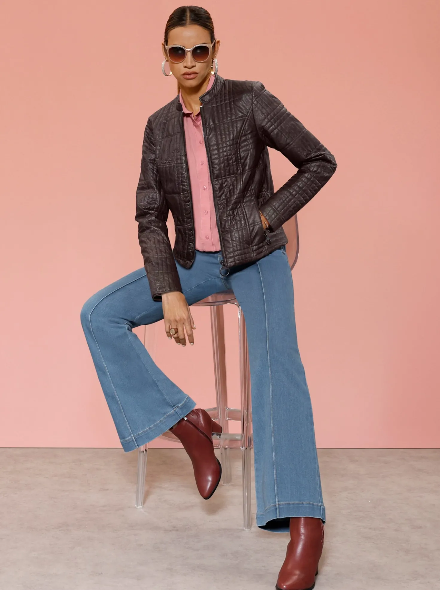 Lederimitat-Blazer mit Reißverschluss-Taschen