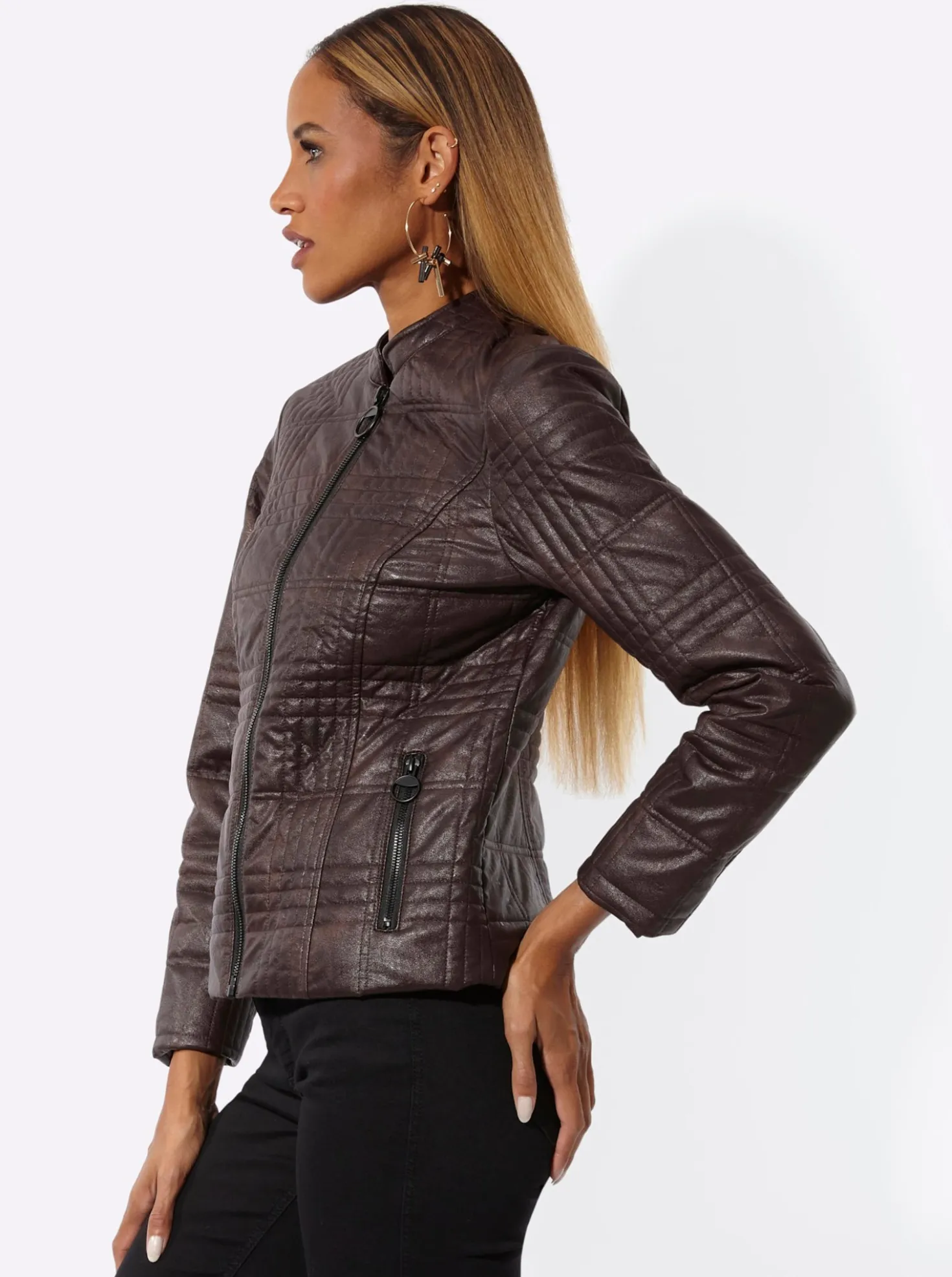 Lederimitat-Blazer mit Reißverschluss-Taschen