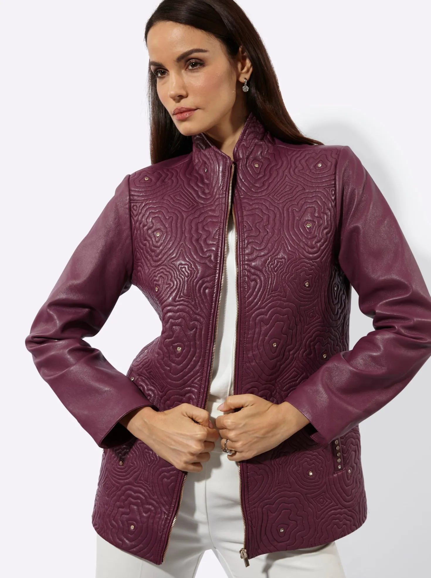 Lederjacke mit Blütenstickerei
