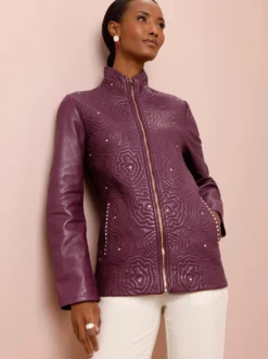 Lederjacke mit Blütenstickerei