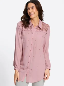 Longbluse mit Spitze und Zierperlen