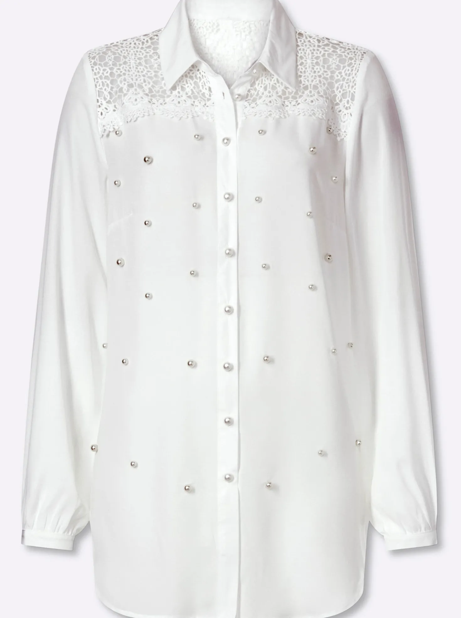 Longbluse mit Spitze und Zierperlen