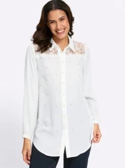 Longbluse mit Spitze und Zierperlen