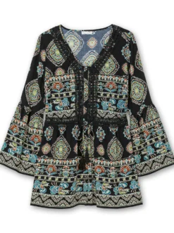 Longbluse mit Trompetenärmeln