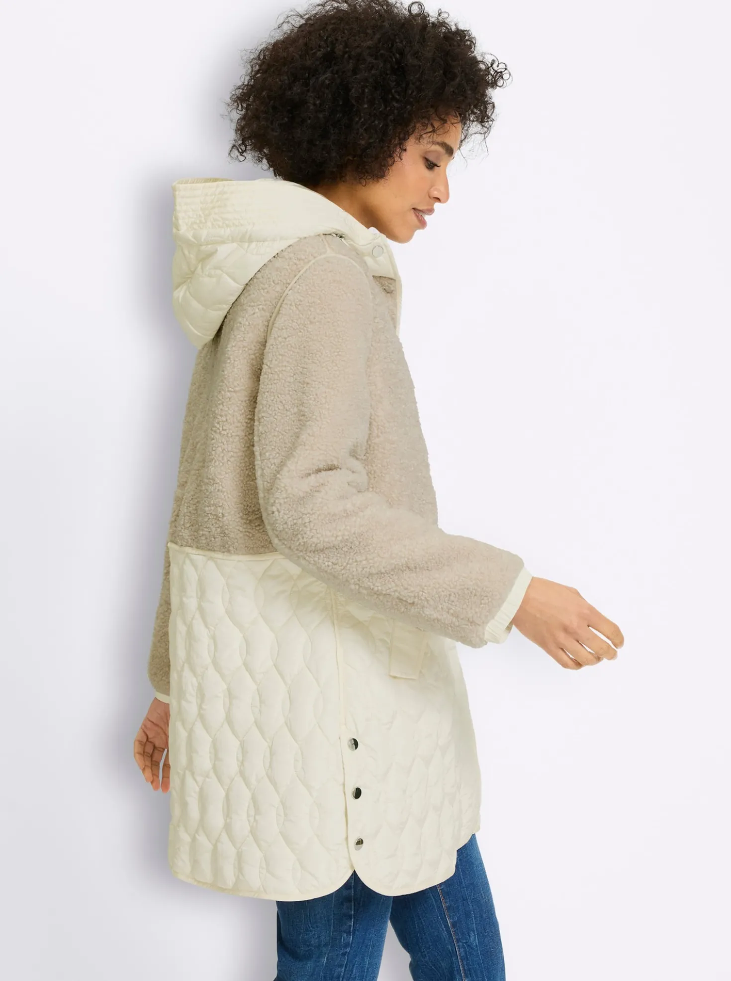 Longjacke Materialmix aus Teddy und Stepp