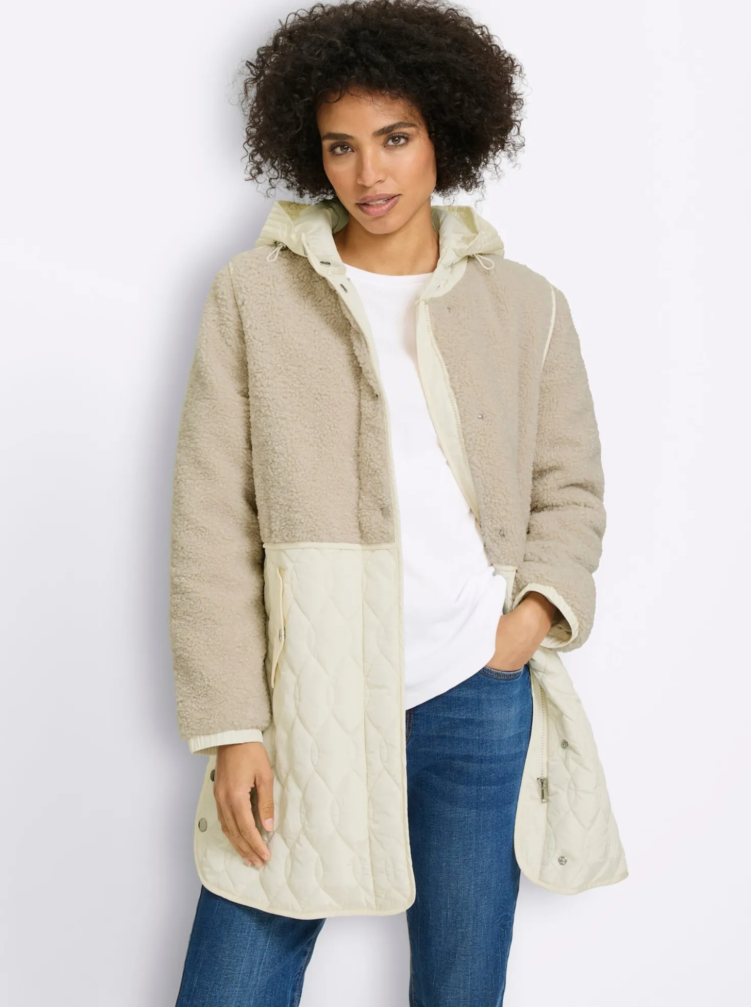 Longjacke Materialmix aus Teddy und Stepp