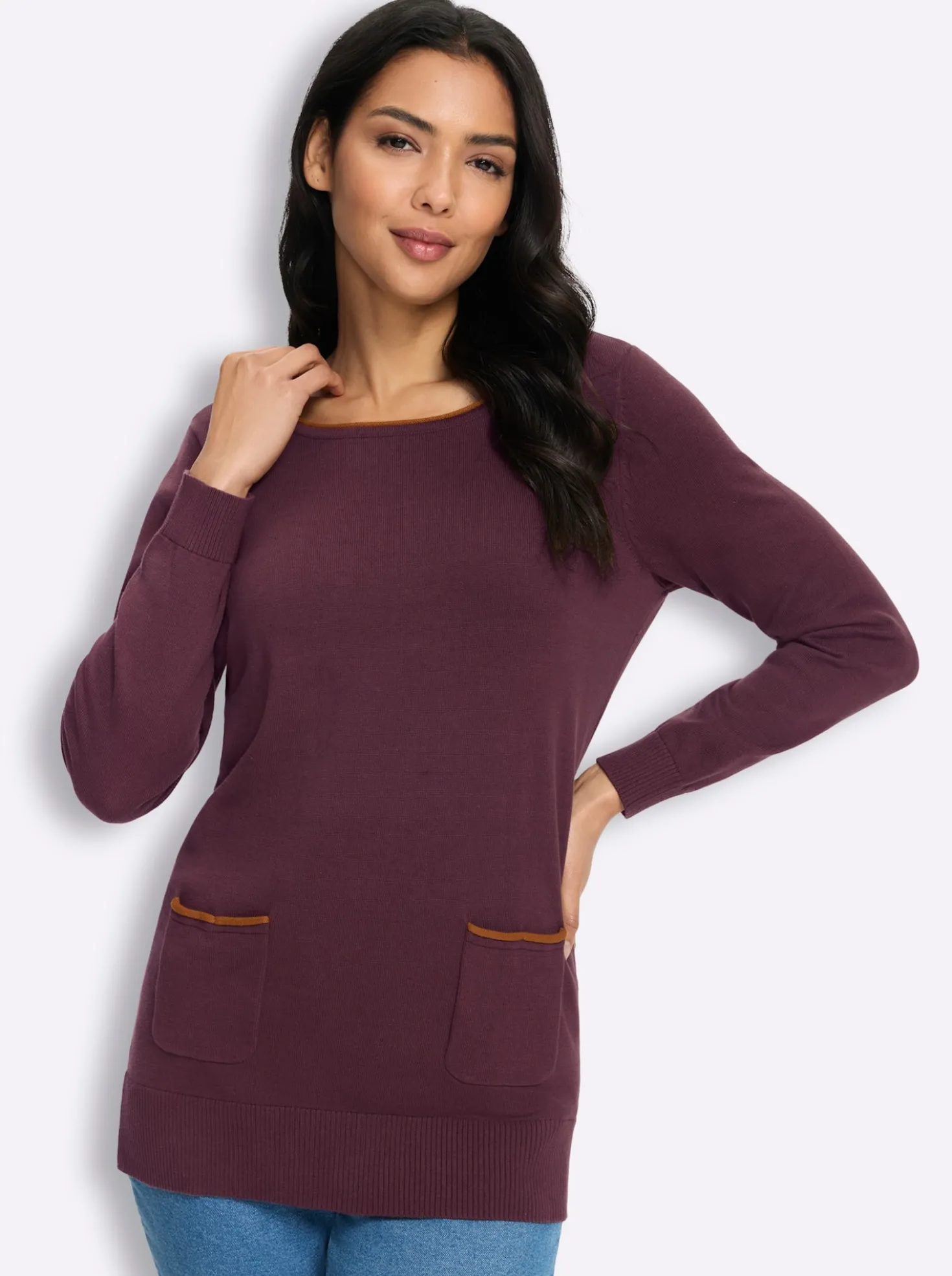 Longpullover mit Kontrast-Rollsaum