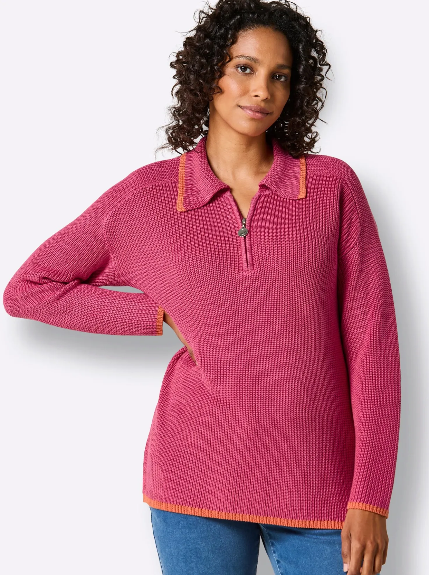 Polopullover in Feinripp-Struktur