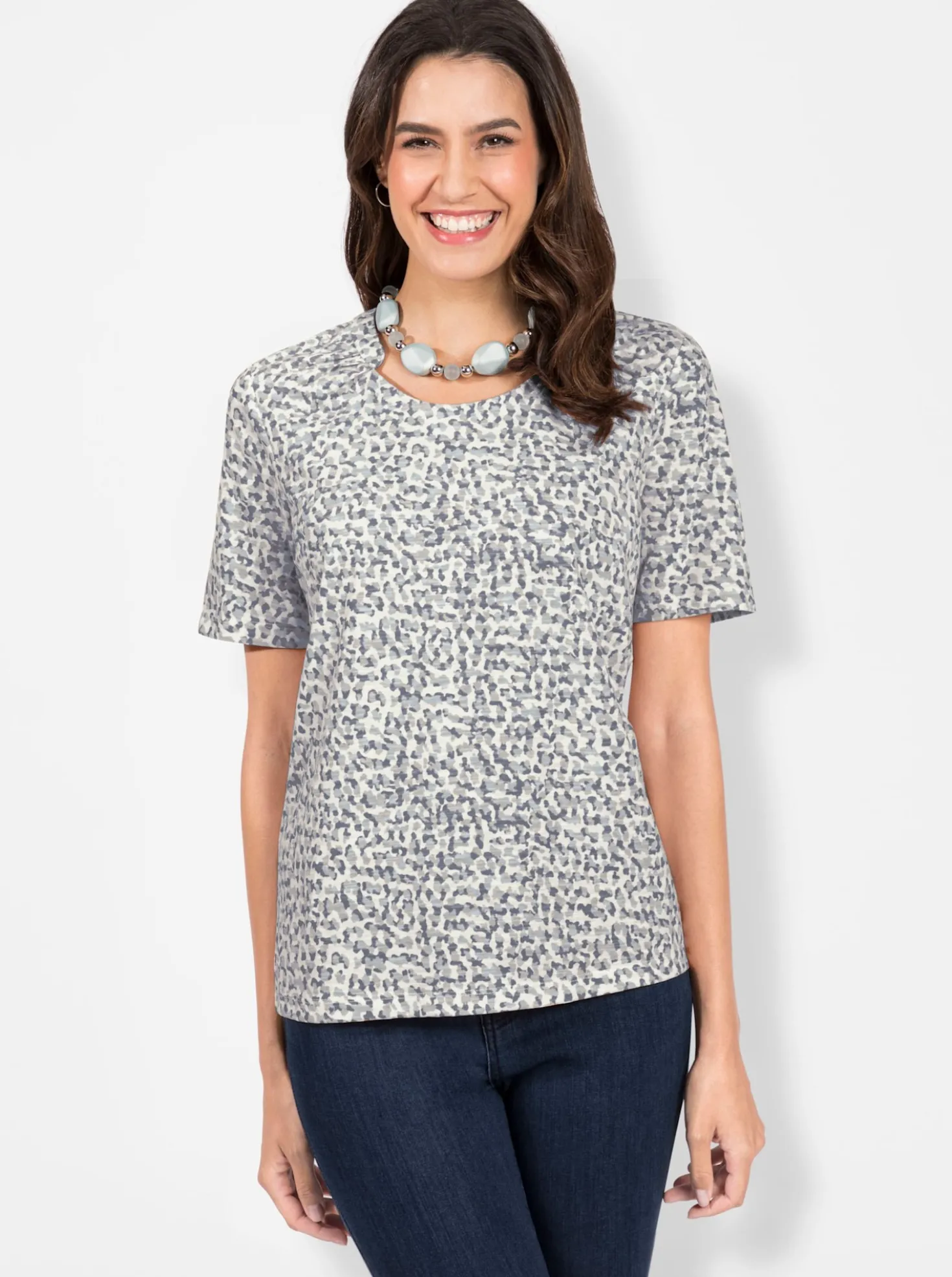 Print-Shirt mit Falten-Verzierung am Ausschnitt