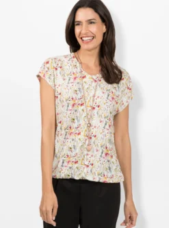 Print-Shirt mit kleinem V und Raffung am Ausschnitt