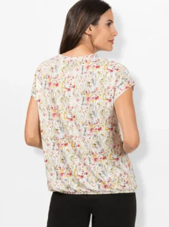 Print-Shirt mit kleinem V und Raffung am Ausschnitt