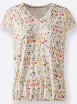 Print-Shirt mit kleinem V und Raffung am Ausschnitt