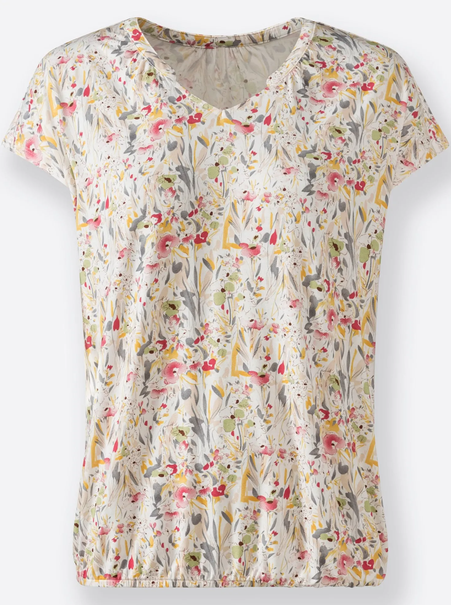 Print-Shirt mit kleinem V und Raffung am Ausschnitt