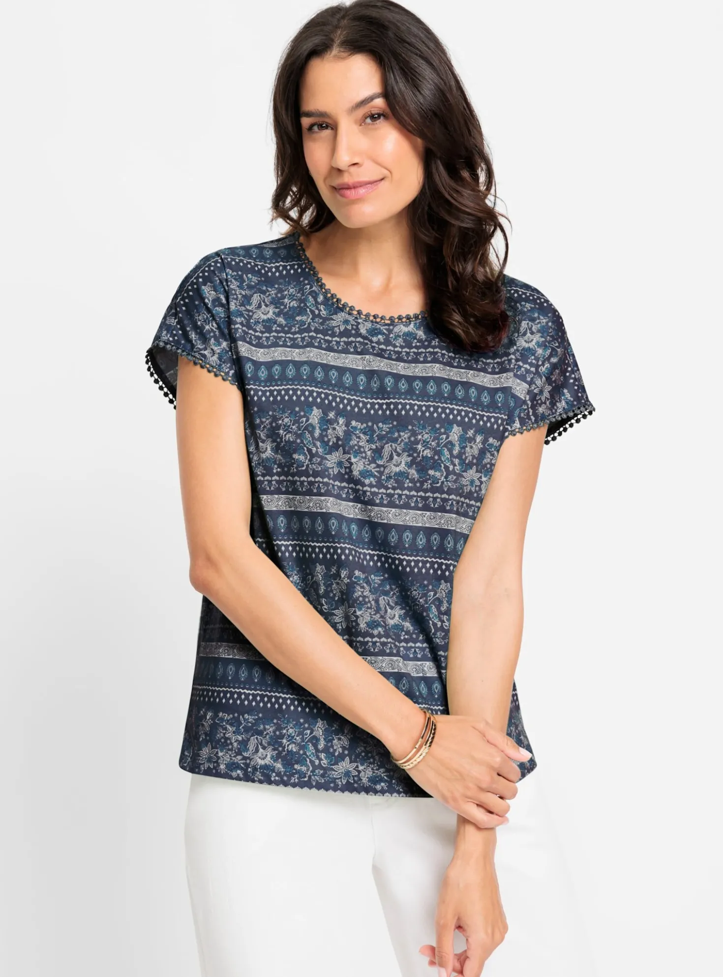 Print-Shirt mit Spitzenborte