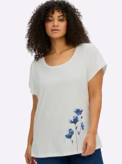 Rundhalsshirt mit Blütenprint am Saum