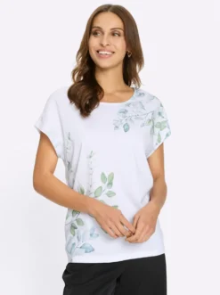 Rundhalsshirt mit Blätter-Druck und Glitzersteinchen