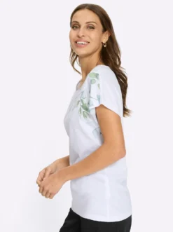 Rundhalsshirt mit Blätter-Druck und Glitzersteinchen