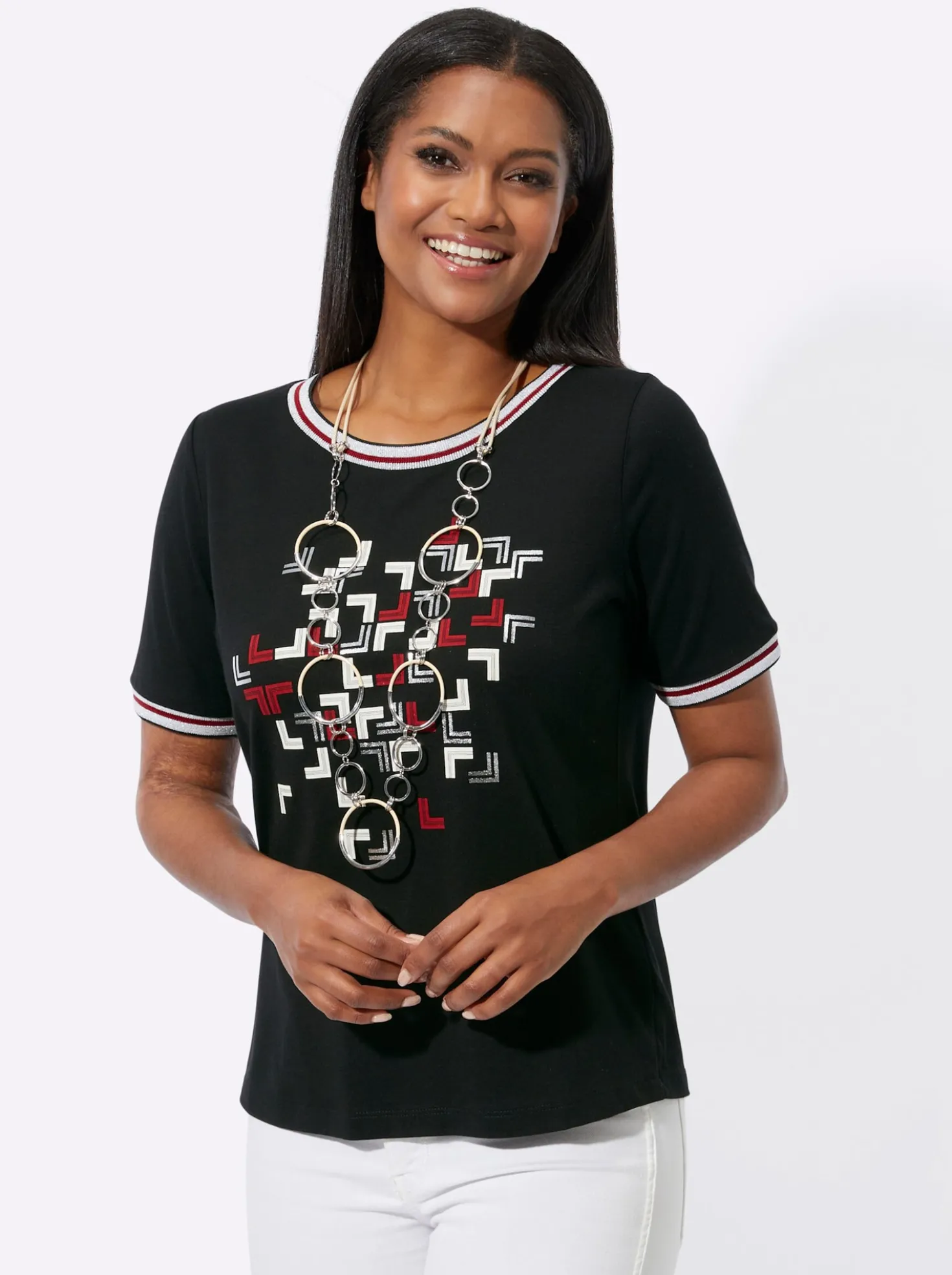 Rundhalsshirt mit Glanz- und Glitzer-Akzenten