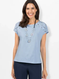 Rundhalsshirt mit Loch-Stickerei