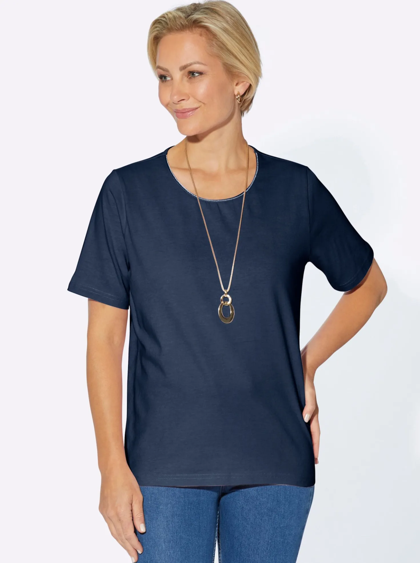 Rundhalsshirt mit Satin-Paspelierung
