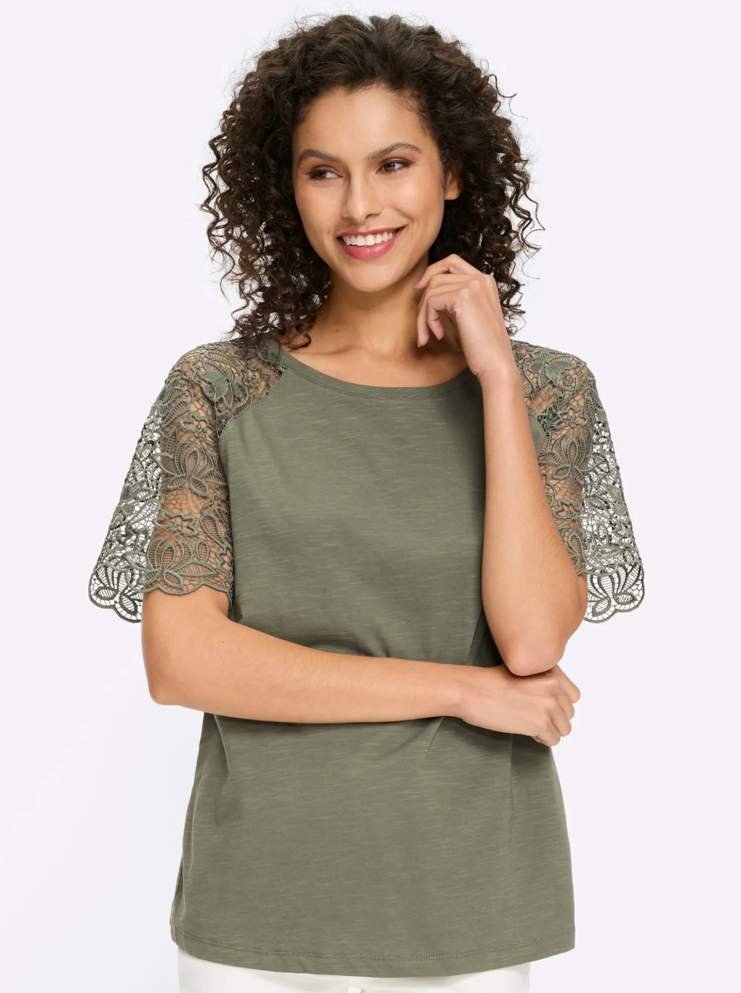 Rundhalsshirt mit Spitze