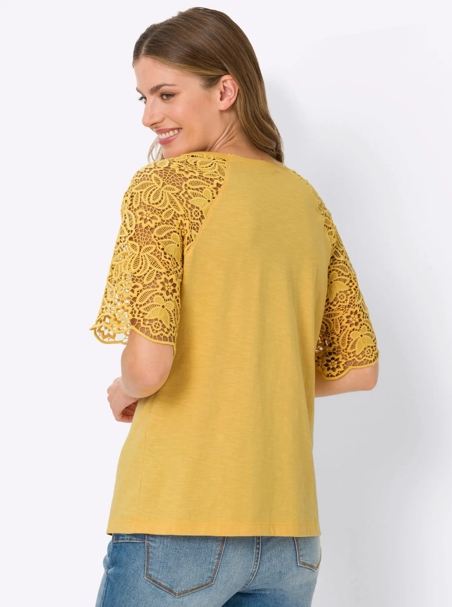 Rundhalsshirt mit Spitze