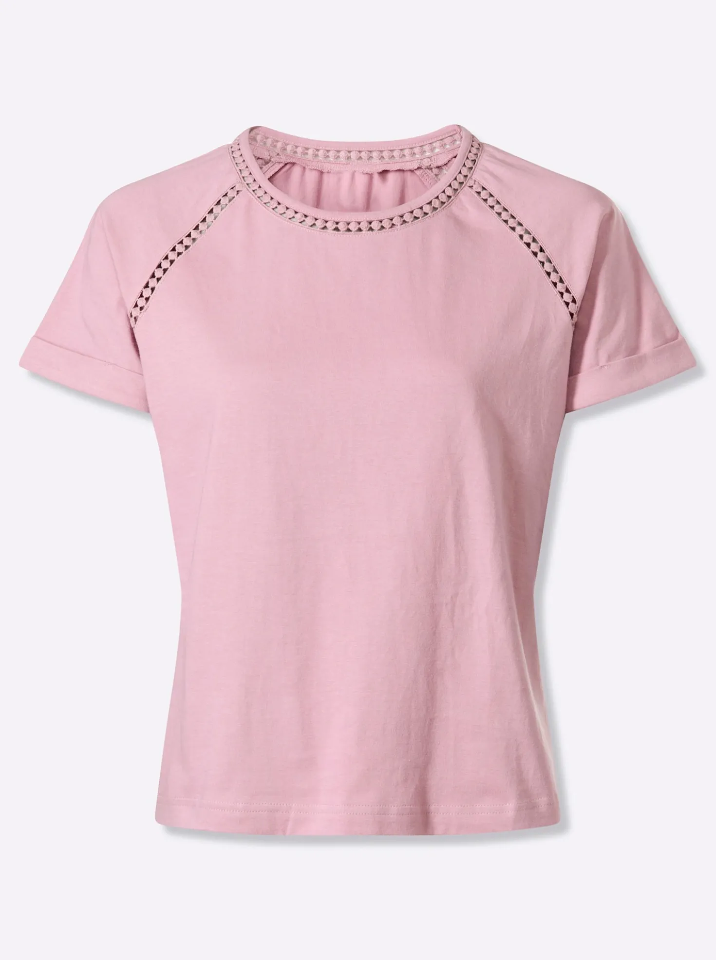 Rundhalsshirt mit Spitzenborte