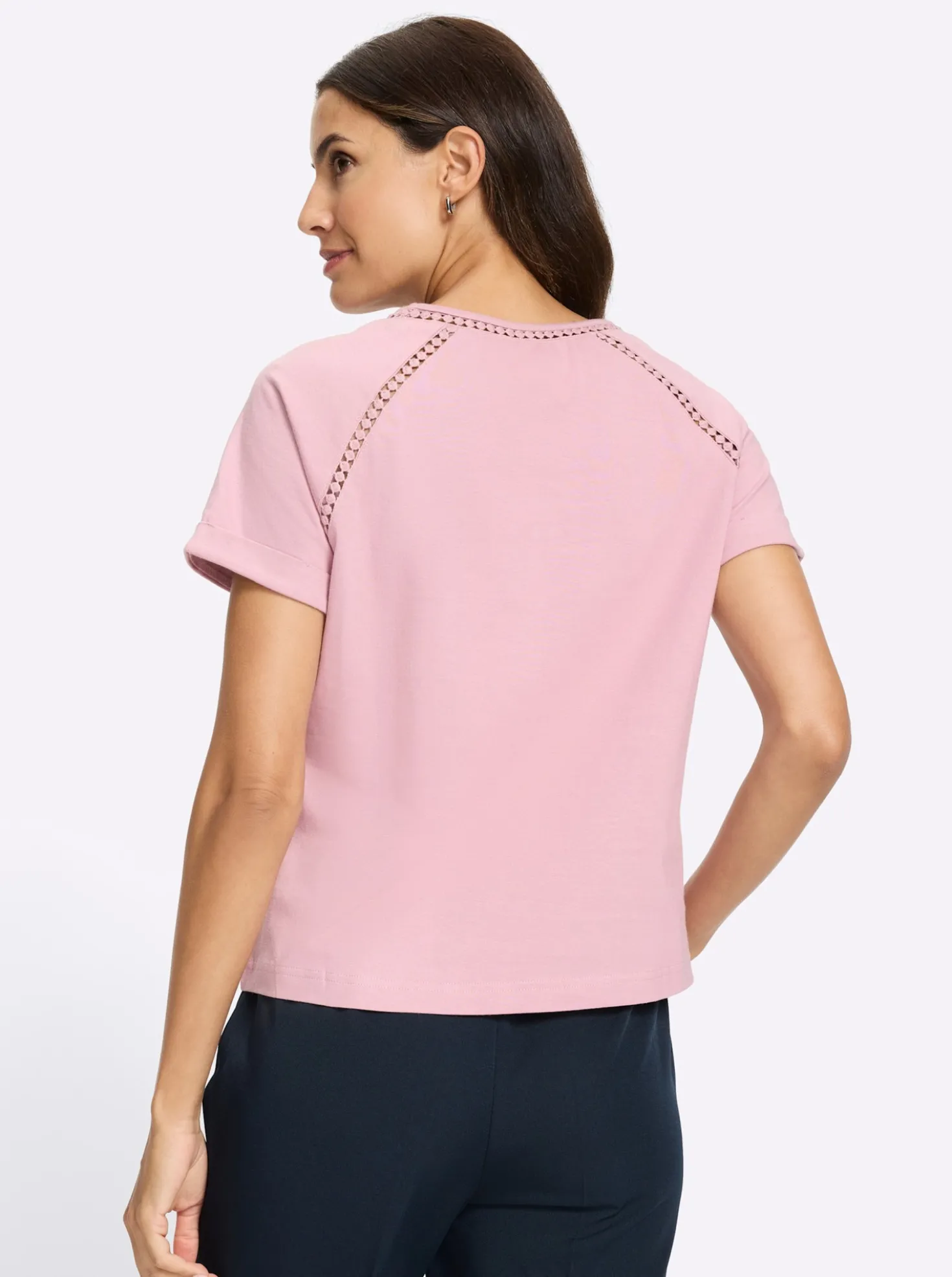 Rundhalsshirt mit Spitzenborte