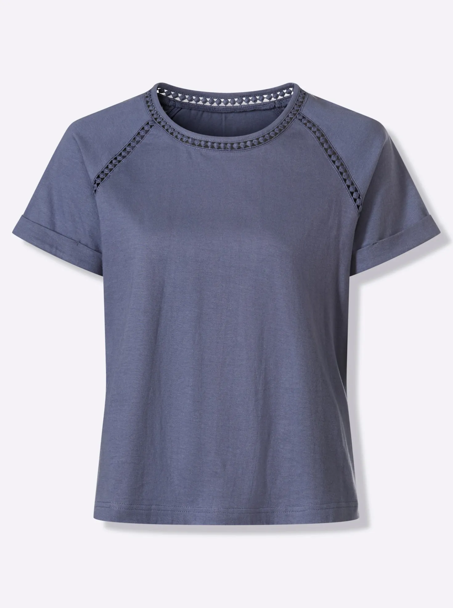 Rundhalsshirt mit Spitzenborte