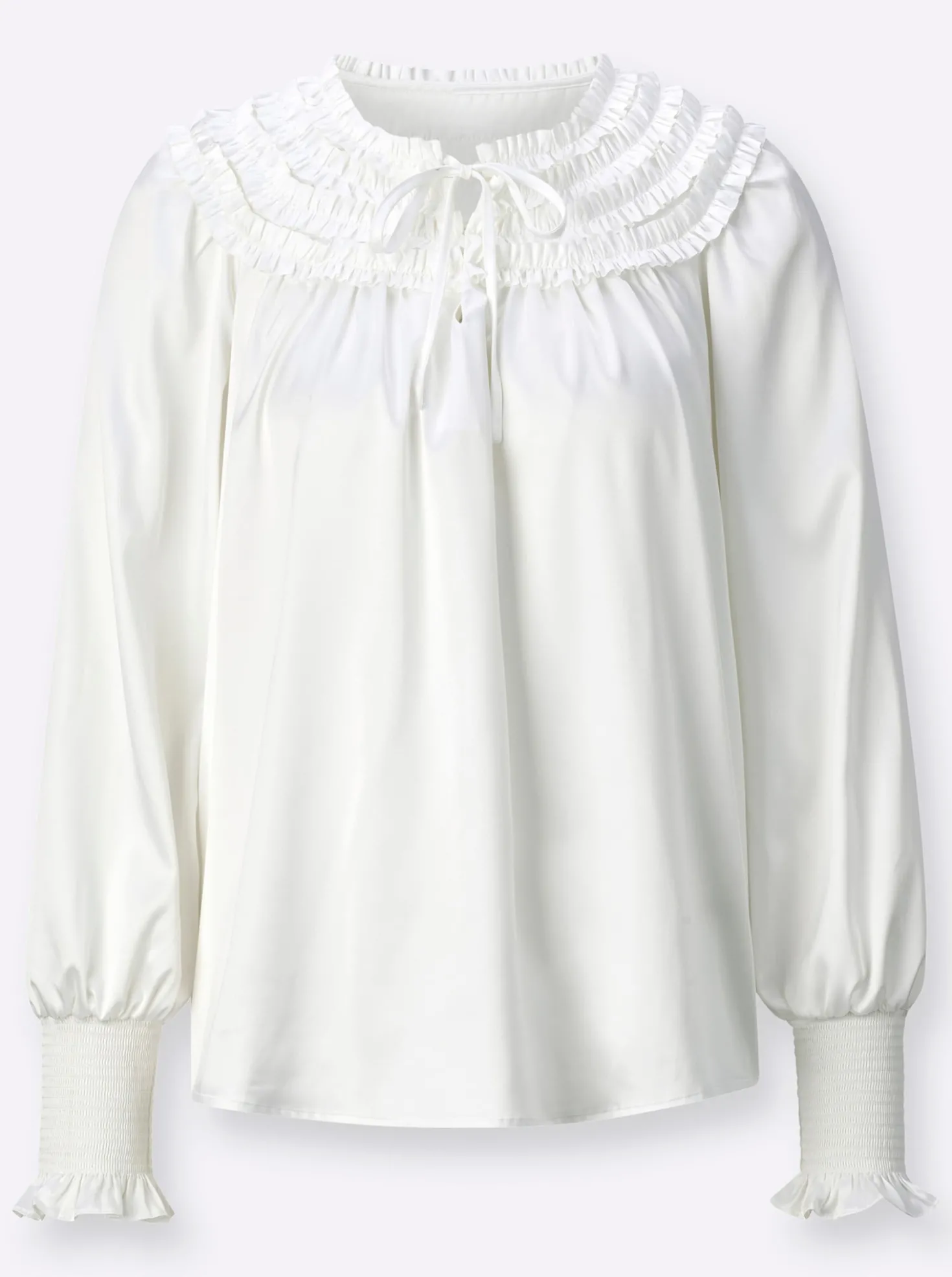 Satinbluse mit aufgenähten Rüschen-Bändern