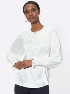 Satinbluse mit aufgenähten Rüschen-Bändern