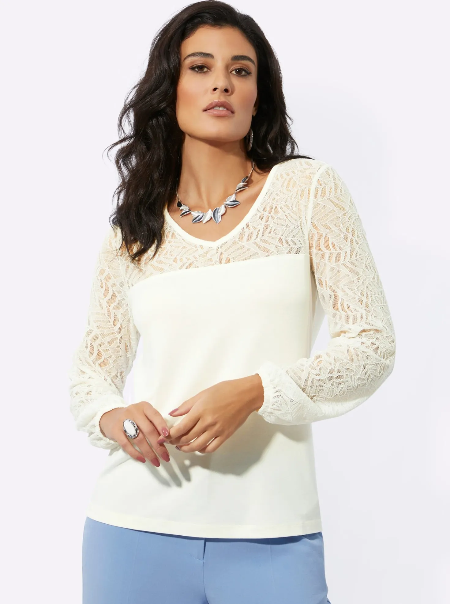 Spitzenshirt mit elastischen Ärmelbündchen