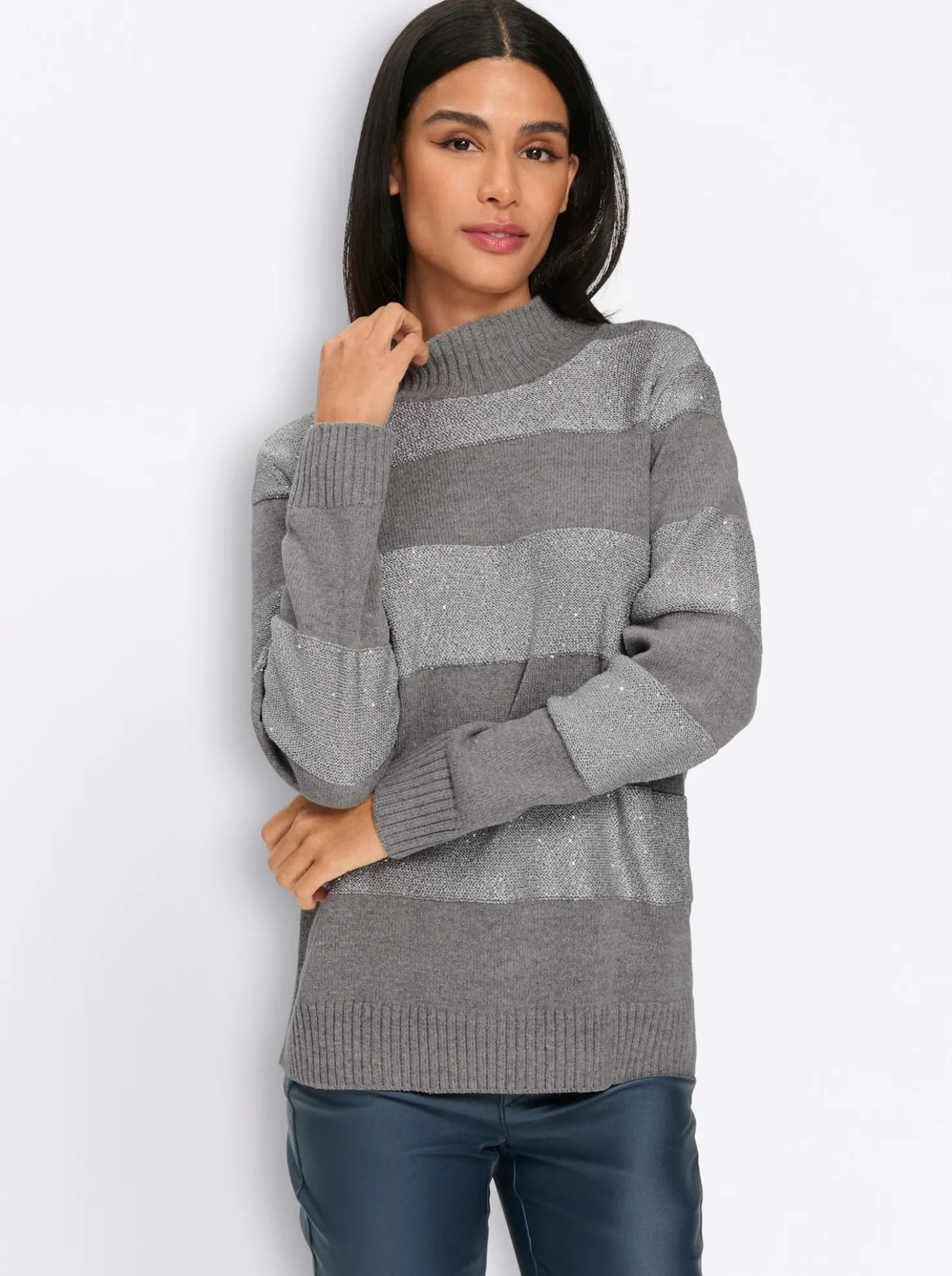 Stehkragenpullover mit Paillettengarn