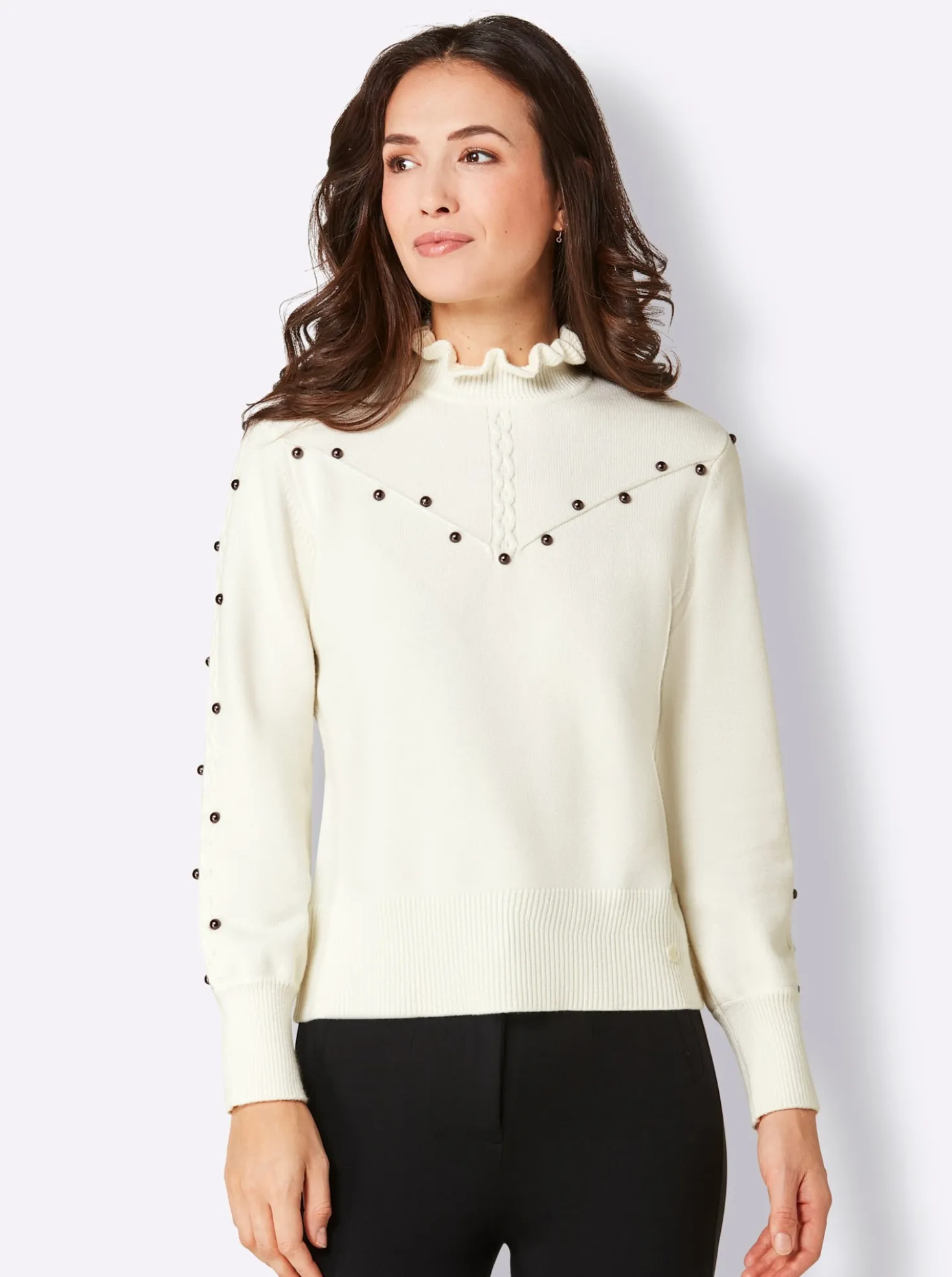 Stehkragenpullover mit Zierperlen
