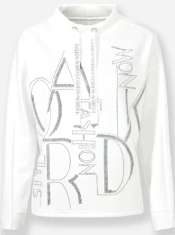 Stehkragenshirt mit Glitzer-Schriftzug