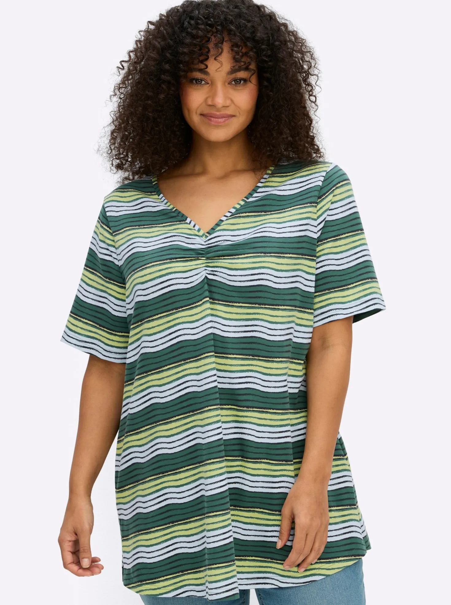 Streifenshirt mit Raffung am V-Ausschnitt