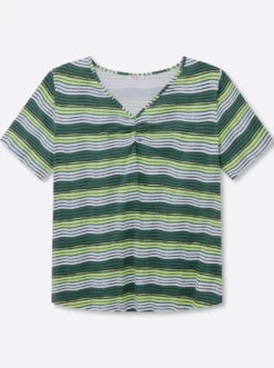 Streifenshirt mit Raffung am V-Ausschnitt