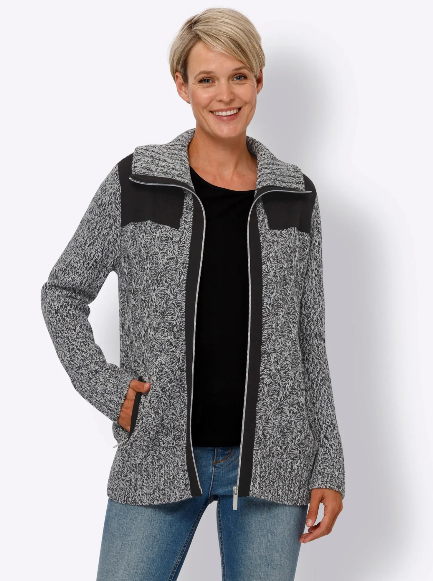 Strickjacke mit kontrastfarbigen Einsätzen