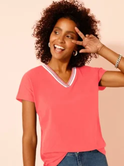 V-Shirt mit gerippten Ringel-Akzenten