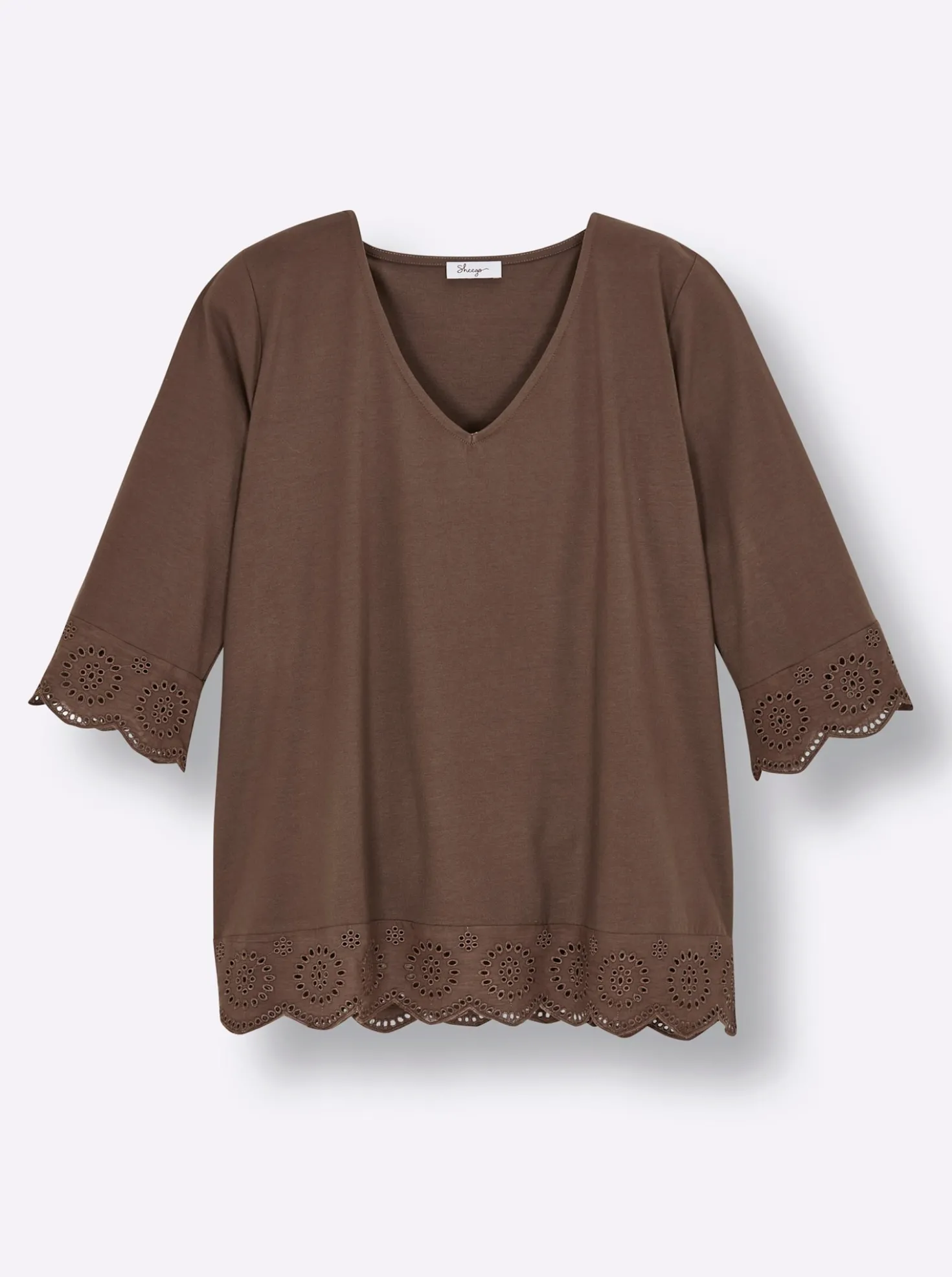 V-Shirt mit Lochstickerei-Volants