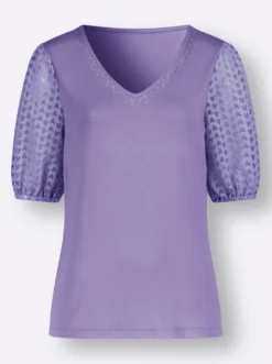 V-Shirt mit Ärmeln im Ausbrenner-Dessin