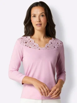 V-Shirt mit Spitze, Modal-Mix