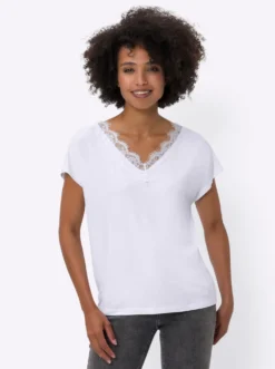 V-Shirt mit Spitzenbesatz