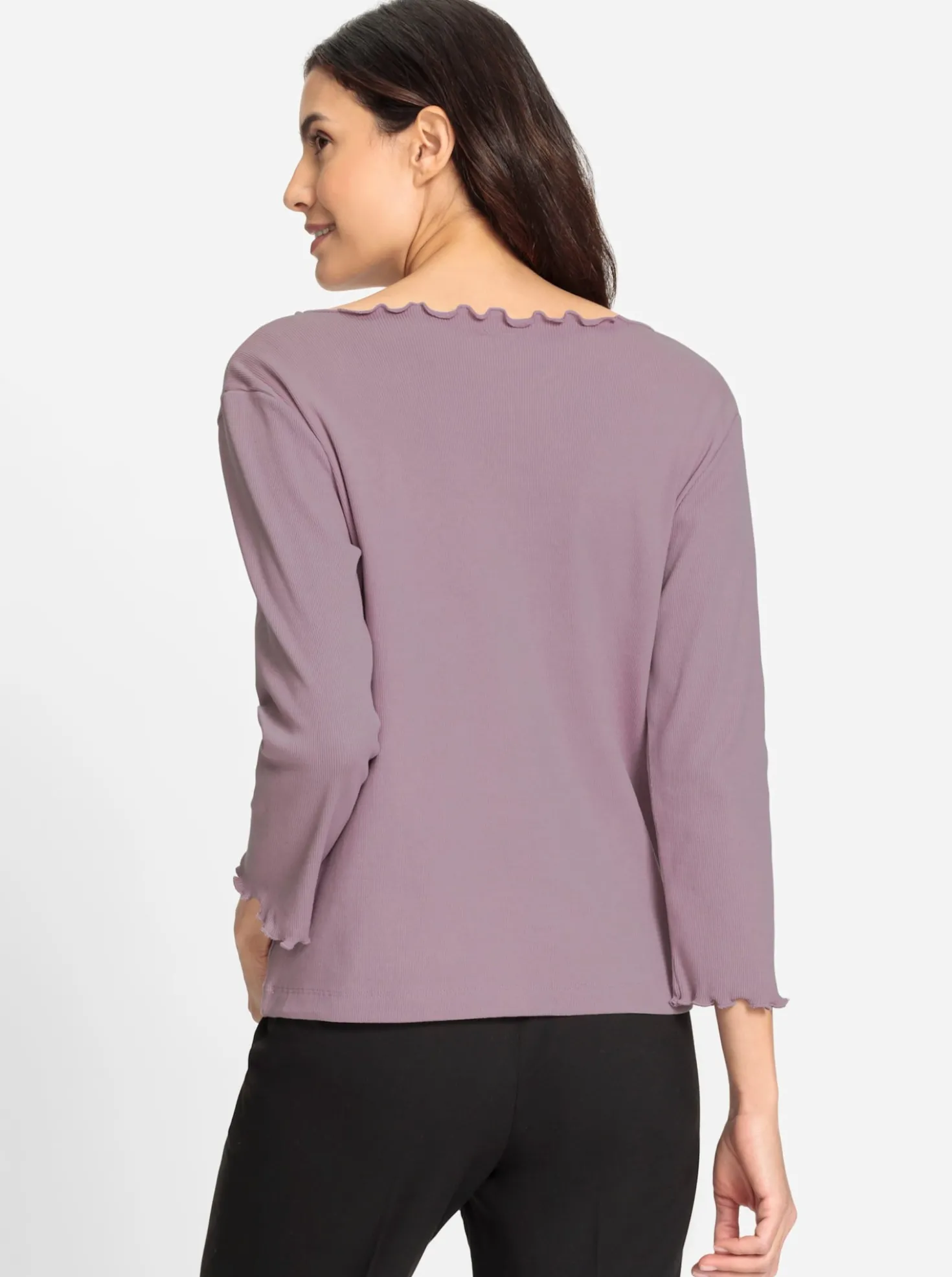 V-Shirt mit Wellensaum an Ausschnitt und Ärmel